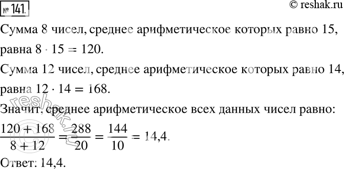 Изображение 141 Среднее арифметическое некоторых восьми чисел равно 15, а среднее арифметическое других двенадцати чисел равно 14. Найдите среднее арифметическое всех этих...