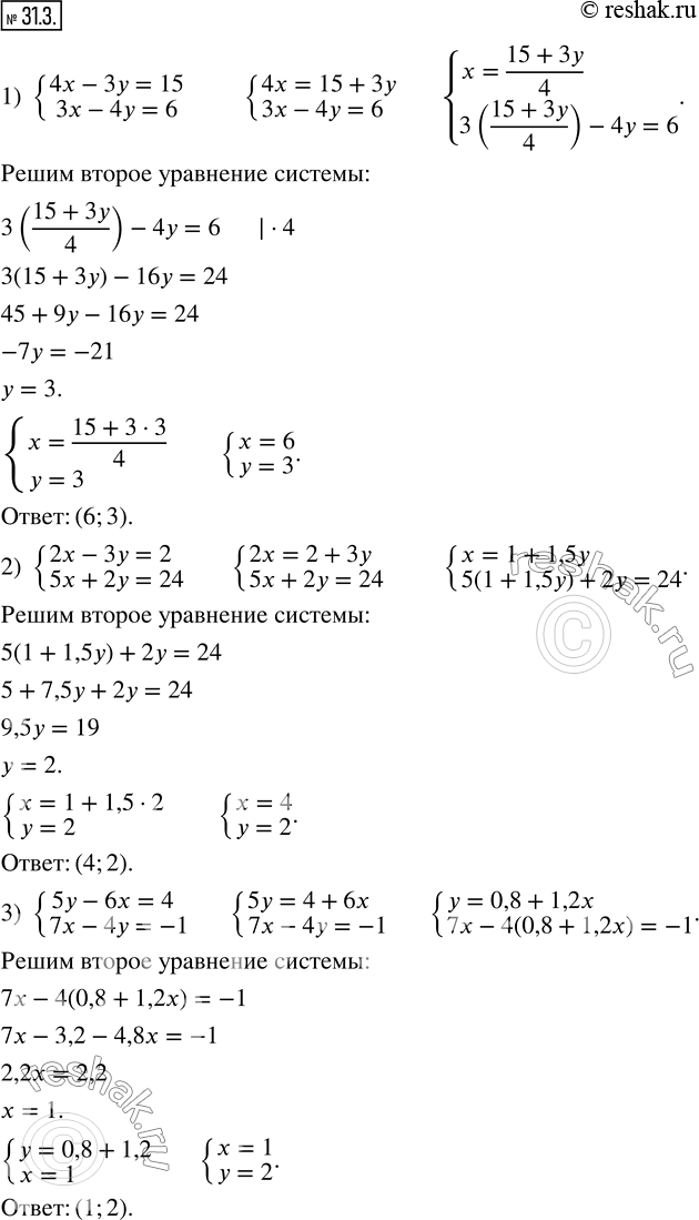 Изображение 31.3. Решите систему уравнений:1) {(4x-3y=15; 3x-4y=6); 2) {(2x-3y=2; 5x+2y=24); 3) {(5y-6x=4; 7x-4y=-1); 4) {(4x+5y=1; 8x-2y=38); 5) {(5a-4b=3; 2a-3b=11);...
