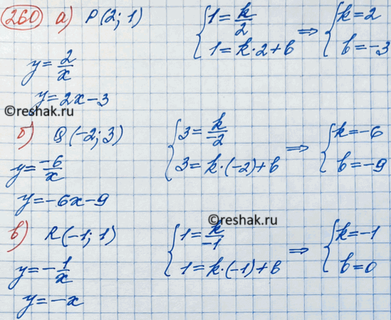 Изображение 260 При каких значениях k и b гипербола у = k/x и прямая у = kx + b проходят через точку:а) Р(2; 1); б) Q(-2; 3); в) R (-1;...