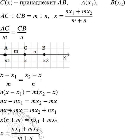 Изображение 28. Докажите, что если точка С(x) принадлежит отрезку АВ, где А(х1) и В(x2), и делит этот отрезок в отношении АС : СВ = = m : n, то координата точки С вычисляется по...