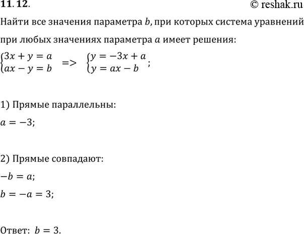 Изображение 11.12. Найдите все значения параметра b, при которых система уравнений {(3x+y=a, ax-y=b) при любых значениях параметра a имеет хотя бы одно...