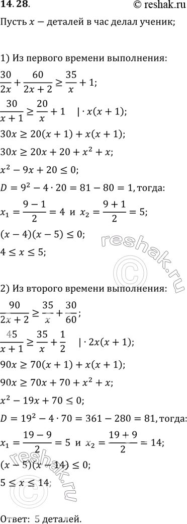 Изображение 14.28. Токарю было поручено изготовить 90 деталей, а ученику — 35. Первые 30 деталей токарь делал с производительностью в два раза большей, чем ученик. Изготовляя...