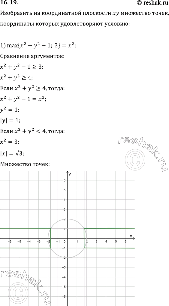 Изображение 16.19. Изобразите на координатной плоскости ху множество точек, координаты которых удовлетворяют условию:1) max{x^2+y^2-1, 3}=x^2;   2) min{x^2,...