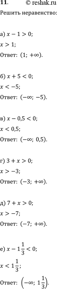 Изображение Решите неравенство (11—25):11. а) х - 1 > 0; б) х + 5 < 0;	в) х - 0,5 < 0; г) 3 + х > 0;	д) 7 + х > 0;	е) х - 1 1/3 <...