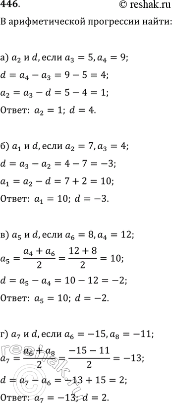 Изображение 446. В арифметической прогрессии (аn) найдите:а) a3=4;a4=9б) a2=7;a3=4в) a6=8;a4=12г)...