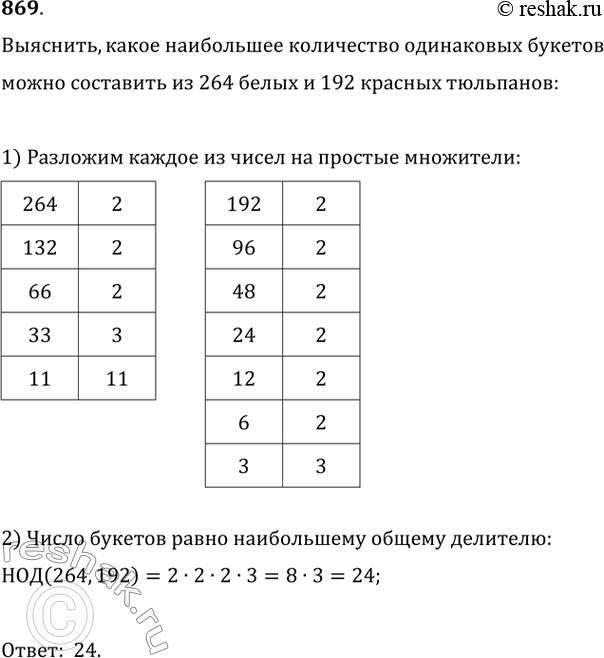 Изображение 869. Какое наибольшее число одинаковых букетов можно составить из 264 белых и 192 красных...