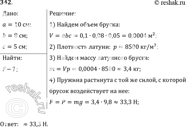 Изображение 342.	С какой силой растянута пружина, к которой подвесили брусок из латуни размером 10X8X5...