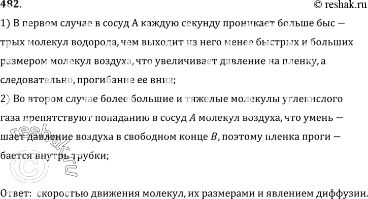 Изображение 482°. Пористый сосуд А (рис. 118, а) соединен с трубкой, свободный конец которой затянут резиновой пленкой В. Если сосуд С заполнить водородом, то пленка прогнется вниз...