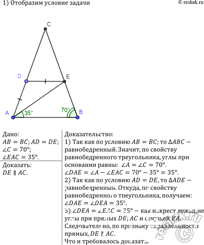 Изображение На рисунке 109 АВ = ВС, AD = DE, угол C = 70°, угол EAC = 35°. Докажите, что DE ||...