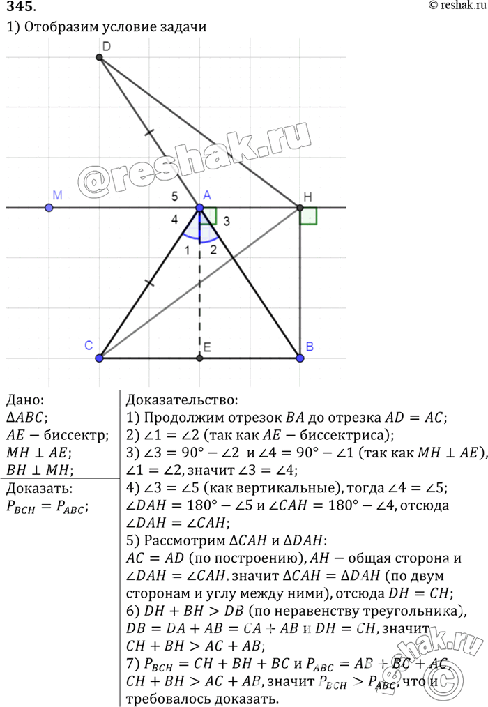 Изображение Через вершину А треугольника ABC проведена прямая, перпендикулярная к биссектрисе угла А, а из вершины В проведён перпендикуляр ВН к этой прямой. Докажите, что периметр...