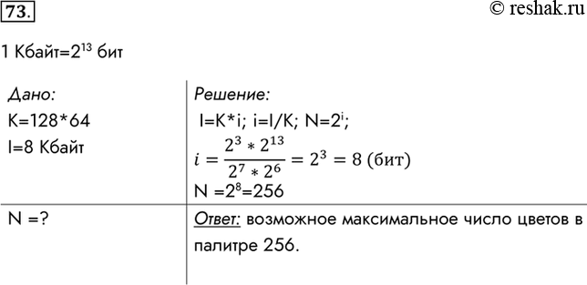 Изображение 73. Для хранения растрового изображения размером 128 x 64 пикселя отвели 8 Кбайт памяти. Определите максимально возможное количество цветов в палитре изображения.1...