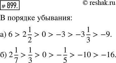 Изображение 899. Расположите в порядке убывания числа:а) -3 1/3; -3; 6; 0; 2 1/2; -9; б) -10; -16; -1/5; 0; 1/3; 2...