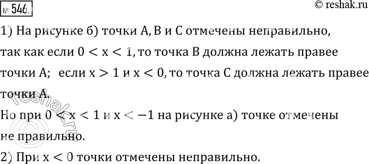 Изображение 546. Точки A(x), B(1/x) и C(x^2) на одном из двух представленных рисунков (рис.92) отмечены неправильно.1) Найдите, на каком рисунке точки A, B и C отмечены...