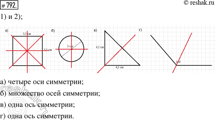 Изображение 792. 1) Начертите:а) квадрат со стороной 3,5 см; б) окружность с диаметром 3 см; в) прямоугольный равнобедренный треугольник с катетами, равными 4,2 см; г) угол,...