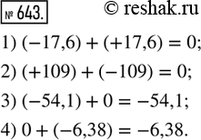 Изображение 643. (Устно.) Вычислить:1) (-17,6) + (+17,6); 2) (+109) + (-109); 3) (-54,1) + 0; 4) 0 +...