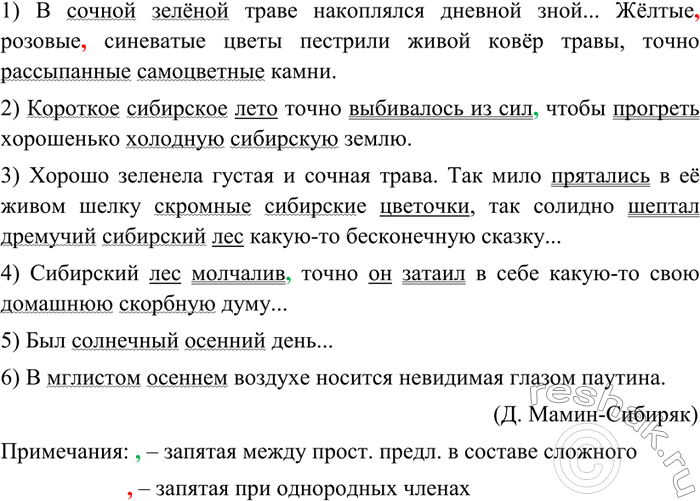 Изображение 216 Спишите, расставляя знаки препинания. Подчеркните неоднородные определения и основы в сложных предложениях.1)В сочной зелёной траве накоплялся дневной зной......